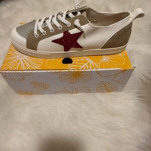 Yellow Box White and Tan Sneakers with Pink Star